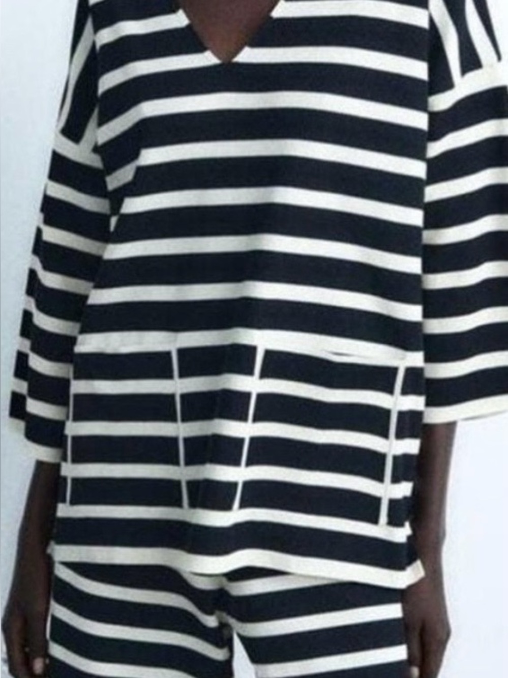 Zara Navy and Cream Striped Knit Set - Quarter Sleeve Top & Cropped Pant Sz S